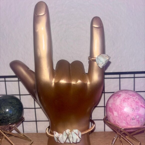 Natural Amazonite Gemstone Gold Tone Wire Wrapped Cuff Bangle and Ring Set - Picture 7 of 8